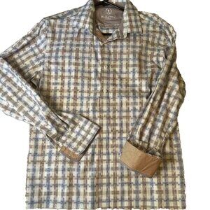 BUGATCHI Uomo Shaped Fit Patterned Brown/Blue Dress Shirt Size L